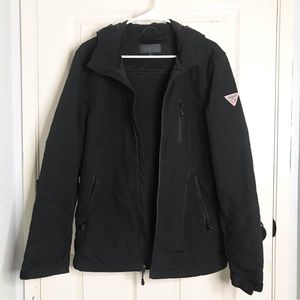 Guess Mens Black Waterproof Softshell Jacket With Hood & Pockets Size M